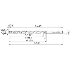 MVS1111X10S120 DP1020 0.437″ Dia. × 0.472″ Shank × 5.984″ Flute Length × 8.543″ OAL, 140°, 2 Flute, Coolant Thru, Solid Carbide Drill