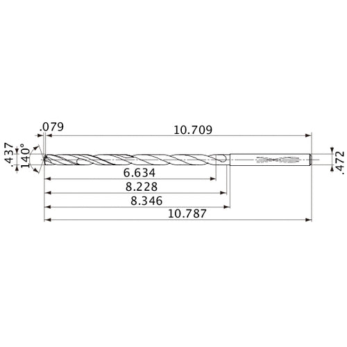 MVS1111X15S120 DP1020 0.437″ Dia. × 0.472″ Shank × 8.228″ Flute Length × 10.787″ OAL, 140°, 2 Flute, Coolant Thru, Solid Carbide Drill