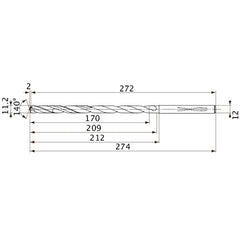 MVS1120X15S120 DP1020 11.2 mm Dia. × 12 mm Shank × 209 mm Flute Length × 274 mm OAL, 140°, 2 Flute, Coolant Thru, Solid Carbide Drill