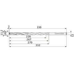 MVS1120X20S120 DP1020 11.2 mm Dia. × 12 mm Shank × 267 mm Flute Length × 332 mm OAL, 140°, 2 Flute, Coolant Thru, Solid Carbide Drill