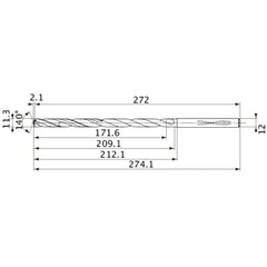 MVS1130X15S120 DP1020 11.3 mm Dia. × 12 mm Shank × 209.1 mm Flute Length × 274.1 mm OAL, 140°, 2 Flute, Coolant Thru, Solid Carbide Drill