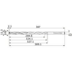 MVS1130X25S120 DP1020 11.3 mm Dia. × 12 mm Shank × 324.1 mm Flute Length × 389.1 mm OAL, 140°, 2 Flute, Coolant Thru, Solid Carbide Drill