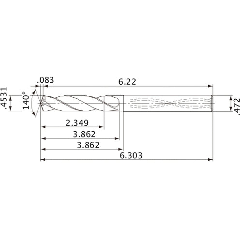 MVS1151X05S120 DP1020 0.4531″ Dia. × 0.472″ Shank × 3.862″ Flute Length × 6.303″ OAL, 140°, 2 Flute, Coolant Thru, Solid Carbide Drill