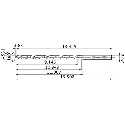 MVS1151X20S120 DP1020 0.4531″ Dia. × 0.472″ Shank × 10.949″ Flute Length × 13.508″ OAL, 140°, 2 Flute, Coolant Thru, Solid Carbide Drill