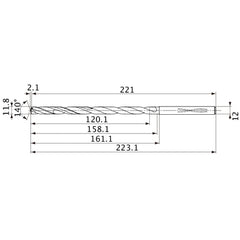 MVS1180X10S120 DP1020 11.8 mm Dia. × 12 mm Shank × 158.1 mm Flute Length × 223.1 mm OAL, 140°, 2 Flute, Coolant Thru, Solid Carbide Drill