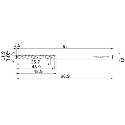 MVS1190X02S120PL DP1020 11.9 mm Dia. × 12 mm Shank × 48.9 mm Flute Length × 96.9 mm OAL, 145°, 2 Flute, Coolant Thru, Solid Carbide Drill
