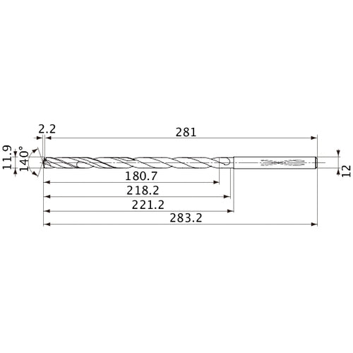 MVS1190X15S120 DP1020 11.9 mm Dia. × 12 mm Shank × 218.2 mm Flute Length × 283.2 mm OAL, 140°, 2 Flute, Coolant Thru, Solid Carbide Drill