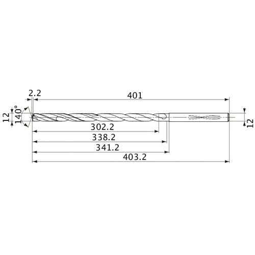 MVS1200X25S120 DP1020 12 mm Dia. × 12 mm Shank × 338.2 mm Flute Length × 403.2 mm OAL, 140°, 2 Flute, Coolant Thru, Solid Carbide Drill