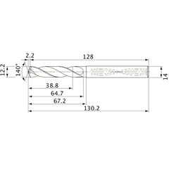 MVS1220X03S140 DP1020 12.2 mm Dia. × 14 mm Shank × 64.7 mm Flute Length × 130.2 mm OAL, 140°, 2 Flute, Coolant Thru, Solid Carbide Drill