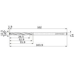 MVS1230X02S140PL DP1020 12.3 mm Dia. × 14 mm Shank × 52.9 mm Flute Length × 103.9 mm OAL, 145°, 2 Flute, Coolant Thru, Solid Carbide Drill