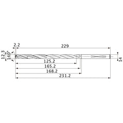 MVS1230X10S140 DP1020 12.3 mm Dia. × 14 mm Shank × 165.2 mm Flute Length × 231.2 mm OAL, 140°, 2 Flute, Coolant Thru, Solid Carbide Drill