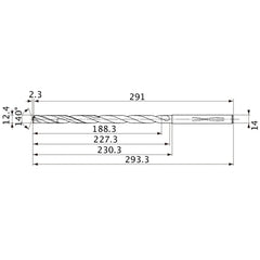 MVS1240X15S140 DP1020 12.4 mm Dia. × 14 mm Shank × 227.3 mm Flute Length × 293.3 mm OAL, 140°, 2 Flute, Coolant Thru, Solid Carbide Drill