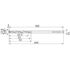 MVS1260X02S130PL DP1020 12.6 mm Dia. × 13 mm Shank × 53 mm Flute Length × 104 mm OAL, 145°, 2 Flute, Coolant Thru, Solid Carbide Drill