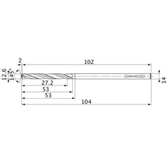 MVS1260X02S140PL DP1020 12.6 mm Dia. × 14 mm Shank × 53 mm Flute Length × 104 mm OAL, 145°, 2 Flute, Coolant Thru, Solid Carbide Drill