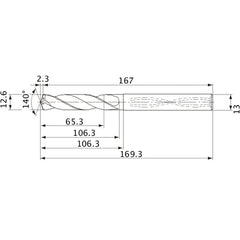 MVS1260X05S130 DP1020 12.6 mm Dia. × 13 mm Shank × 106.3 mm Flute Length × 169.3 mm OAL, 140°, 2 Flute, Coolant Thru, Solid Carbide Drill