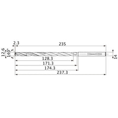 MVS1260X10S140 DP1020 12.6 mm Dia. × 14 mm Shank × 171.3 mm Flute Length × 237.3 mm OAL, 140°, 2 Flute, Coolant Thru, Solid Carbide Drill