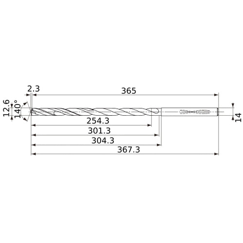 MVS1260X20S140 DP1020 12.6 mm Dia. × 14 mm Shank × 301.3 mm Flute Length × 367.3 mm OAL, 140°, 2 Flute, Coolant Thru, Solid Carbide Drill