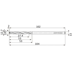 MVS1270X02S130PL DP1020 12.7 mm Dia. × 13 mm Shank × 53 mm Flute Length × 104 mm OAL, 145°, 2 Flute, Coolant Thru, Solid Carbide Drill