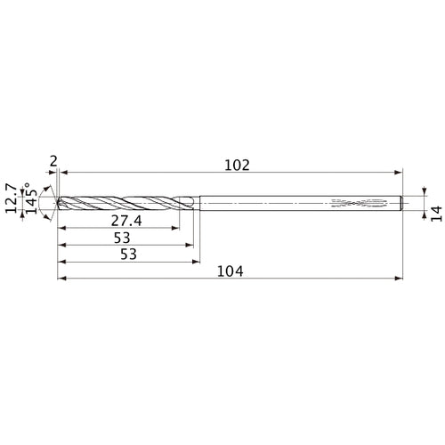 MVS1270X02S140PL DP1020 12.7 mm Dia. × 14 mm Shank × 53 mm Flute Length × 104 mm OAL, 145°, 2 Flute, Coolant Thru, Solid Carbide Drill
