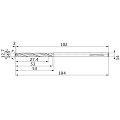 MVS1270X02S140PL DP1020 12.7 mm Dia. × 14 mm Shank × 53 mm Flute Length × 104 mm OAL, 145°, 2 Flute, Coolant Thru, Solid Carbide Drill