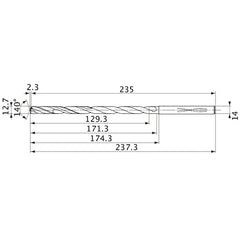 MVS1270X10S140 DP1020 12.7 mm Dia. × 14 mm Shank × 171.3 mm Flute Length × 237.3 mm OAL, 140°, 2 Flute, Coolant Thru, Solid Carbide Drill