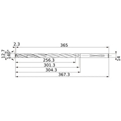 MVS1270X20S140 DP1020 12.7 mm Dia. × 14 mm Shank × 301.3 mm Flute Length × 367.3 mm OAL, 140°, 2 Flute, Coolant Thru, Solid Carbide Drill