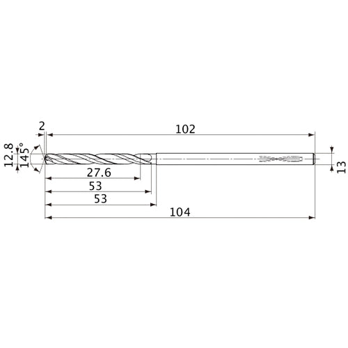 MVS1280X02S130PL DP1020 12.8 mm Dia. × 13 mm Shank × 53 mm Flute Length × 104 mm OAL, 145°, 2 Flute, Coolant Thru, Solid Carbide Drill