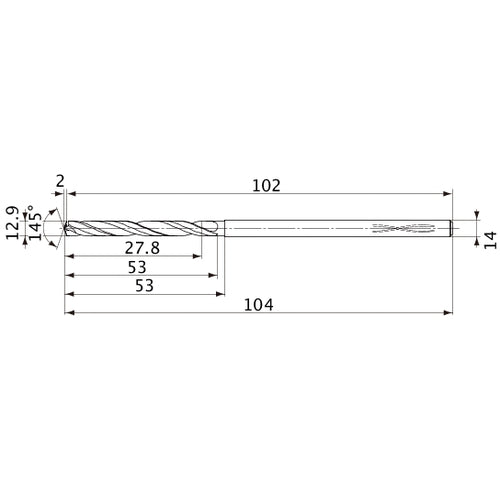 MVS1290X02S140PL DP1020 12.9 mm Dia. × 14 mm Shank × 53 mm Flute Length × 104 mm OAL, 145°, 2 Flute, Coolant Thru, Solid Carbide Drill