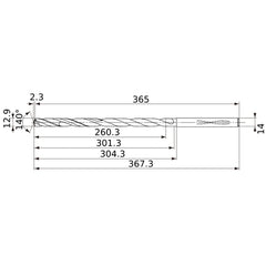 MVS1290X20S140 DP1020 12.9 mm Dia. × 14 mm Shank × 301.3 mm Flute Length × 367.3 mm OAL, 140°, 2 Flute, Coolant Thru, Solid Carbide Drill