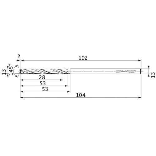 MVS1300X02S130PL DP1020 13 mm Dia. × 13 mm Shank × 53 mm Flute Length × 104 mm OAL, 145°, 2 Flute, Coolant Thru, Solid Carbide Drill