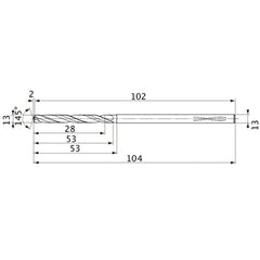 MVS1300X02S130PL DP1020 13 mm Dia. × 13 mm Shank × 53 mm Flute Length × 104 mm OAL, 145°, 2 Flute, Coolant Thru, Solid Carbide Drill