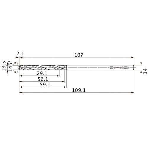 MVS1350X02S140PL DP1020 13.5 mm Dia. × 14 mm Shank × 56.1 mm Flute Length × 109.1 mm OAL, 145°, 2 Flute, Coolant Thru, Solid Carbide Drill