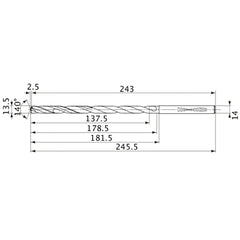 MVS1350X10S140 DP1020 13.5 mm Dia. × 14 mm Shank × 178.5 mm Flute Length × 245.5 mm OAL, 140°, 2 Flute, Coolant Thru, Solid Carbide Drill
