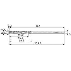 MVS1380X02S140PL DP1020 13.8 mm Dia. × 14 mm Shank × 56.2 mm Flute Length × 109.2 mm OAL, 145°, 2 Flute, Coolant Thru, Solid Carbide Drill
