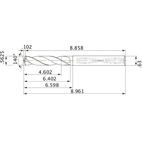 MVS1429X08S160 DP1020 9/16″ Dia. × 0.63″ Shank × 6.402″ Flute Length × 8.961″ OAL, 140°, 2 Flute, Coolant Thru, Solid Carbide Drill