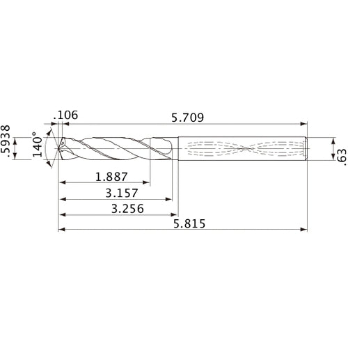 MVS1508X03S160 DP1020 0.5938″ Dia. × 0.63″ Shank × 3.157″ Flute Length × 5.815″ OAL, 140°, 2 Flute, Coolant Thru, Solid Carbide Drill