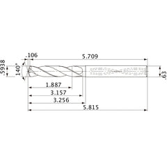 MVS1508X03S160 DP1020 0.5938″ Dia. × 0.63″ Shank × 3.157″ Flute Length × 5.815″ OAL, 140°, 2 Flute, Coolant Thru, Solid Carbide Drill