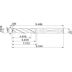 MVS1508X08S160 DP1020 0.5938″ Dia. × 0.63″ Shank × 6.839″ Flute Length × 9.594″ OAL, 140°, 2 Flute, Coolant Thru, Solid Carbide Drill