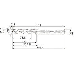MVS1520X05S160 DP1020 15.2 mm Dia. × 16 mm Shank × 126.8 mm Flute Length × 195.8 mm OAL, 140°, 2 Flute, Coolant Thru, Solid Carbide Drill
