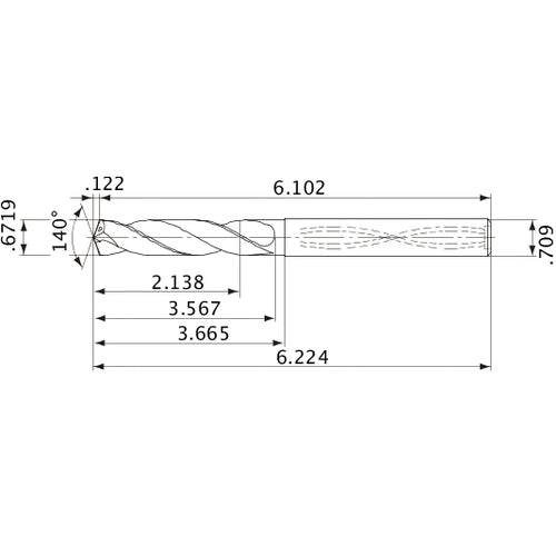 MVS1707X03S180 DP1020 0.6719″ Dia. × 0.709″ Shank × 3.567″ Flute Length × 6.224″ OAL, 140°, 2 Flute, Coolant Thru, Solid Carbide Drill