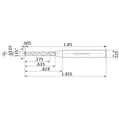 MWS00225XB VP15TF 0.0225″ Dia. × 1/8″ Shank × 0.635″ Flute Length × 1.855″ OAL, 135°, 2 Flute, Coolant Thru, Solid Carbide Drill