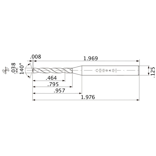 MWS00380XB VP15TF 0.038″ Dia. × 1/8″ Shank × 0.795″ Flute Length × 1.976″ OAL, 140°, 2 Flute, Coolant Thru, Solid Carbide Drill