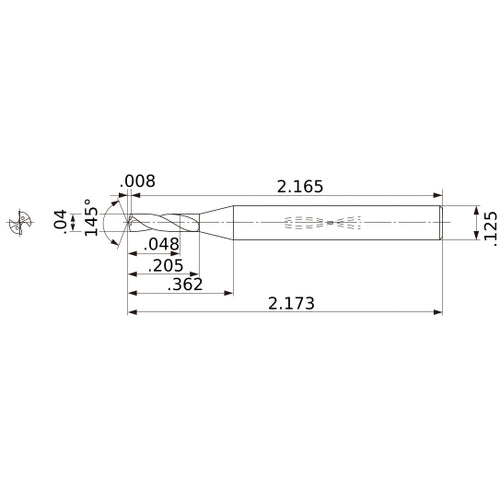MWS00400SB VP15TF 0.04″ Dia. × 1/8″ Shank × 0.205″ Flute Length × 2.173″ OAL, 145°, 2 Flute, Coolant Thru, Solid Carbide Drill