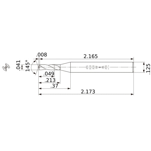 MWS00410SB VP15TF 0.041″ Dia. × 1/8″ Shank × 0.213″ Flute Length × 2.173″ OAL, 145°, 2 Flute, Coolant Thru, Solid Carbide Drill