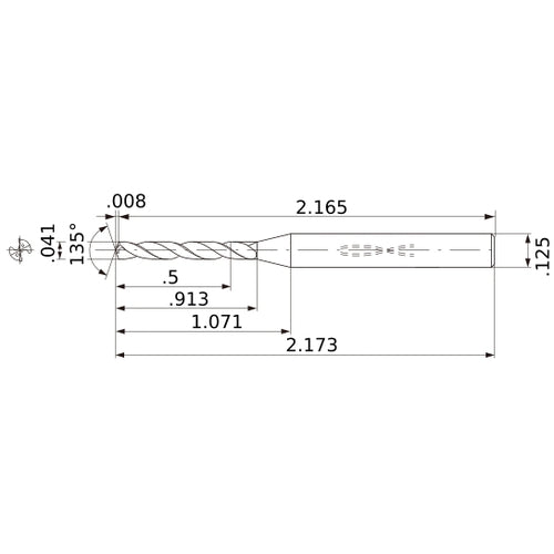 MWS00410XB VP15TF 0.041″ Dia. × 1/8″ Shank × 0.913″ Flute Length × 2.173″ OAL, 135°, 2 Flute, Coolant Thru, Solid Carbide Drill