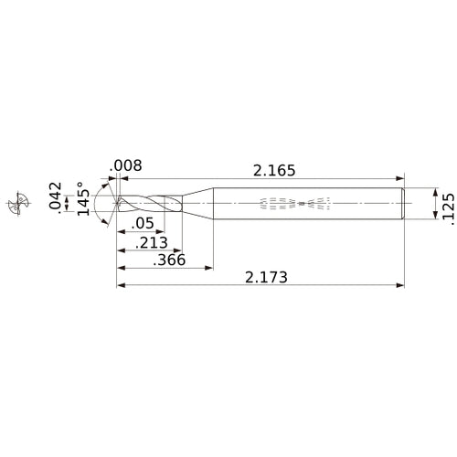 MWS00420SB VP15TF 0.042″ Dia. × 1/8″ Shank × 0.213″ Flute Length × 2.173″ OAL, 145°, 2 Flute, Coolant Thru, Solid Carbide Drill