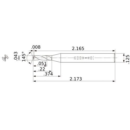 MWS00430SB VP15TF 0.043″ Dia. × 1/8″ Shank × 0.22″ Flute Length × 2.173″ OAL, 145°, 2 Flute, Coolant Thru, Solid Carbide Drill