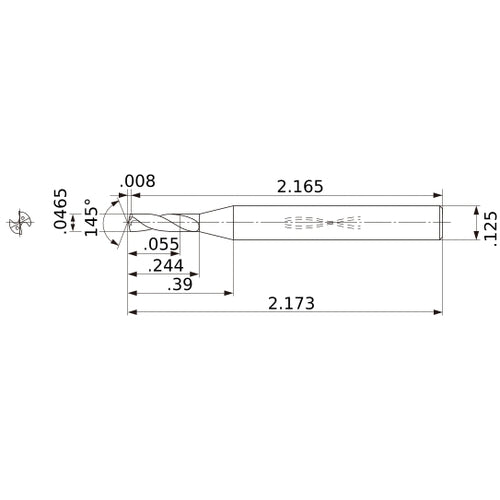 MWS00465SB VP15TF 0.0465″ Dia. × 1/8″ Shank × 0.244″ Flute Length × 2.173″ OAL, 145°, 2 Flute, Coolant Thru, Solid Carbide Drill