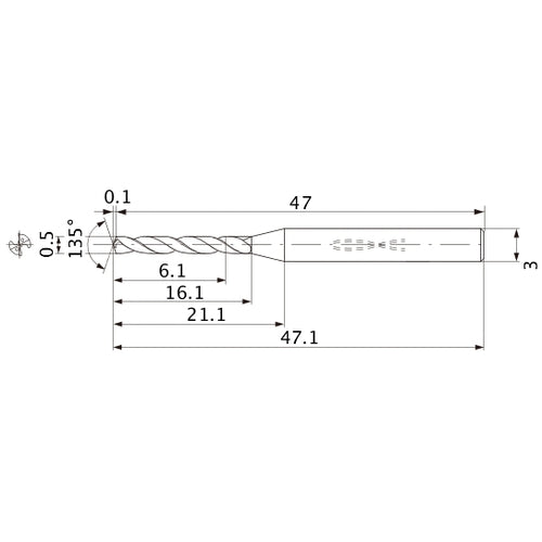 MWS0050XB VP15TF 0.5 mm Dia. × 3 mm Shank × 16.1 mm Flute Length × 47.1 mm OAL, 135°, 2 Flute, Coolant Thru, Solid Carbide Drill