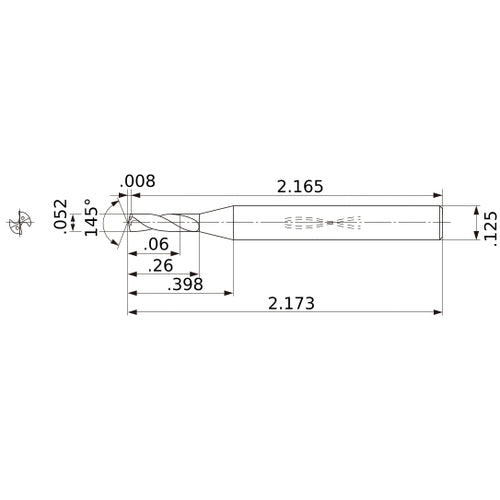 MWS00520SB VP15TF 0.052″ Dia. × 1/8″ Shank × 0.26″ Flute Length × 2.173″ OAL, 145°, 2 Flute, Coolant Thru, Solid Carbide Drill